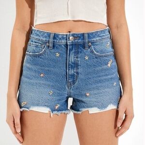 American Eagle High-Rise Denim Mom Shorts Embroidered Floral Women’s 00 Blue